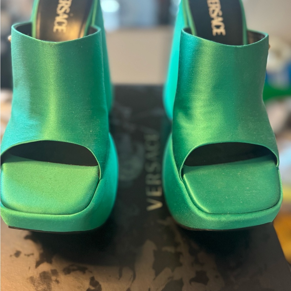 Versace Turquoise Satin Platform Mules